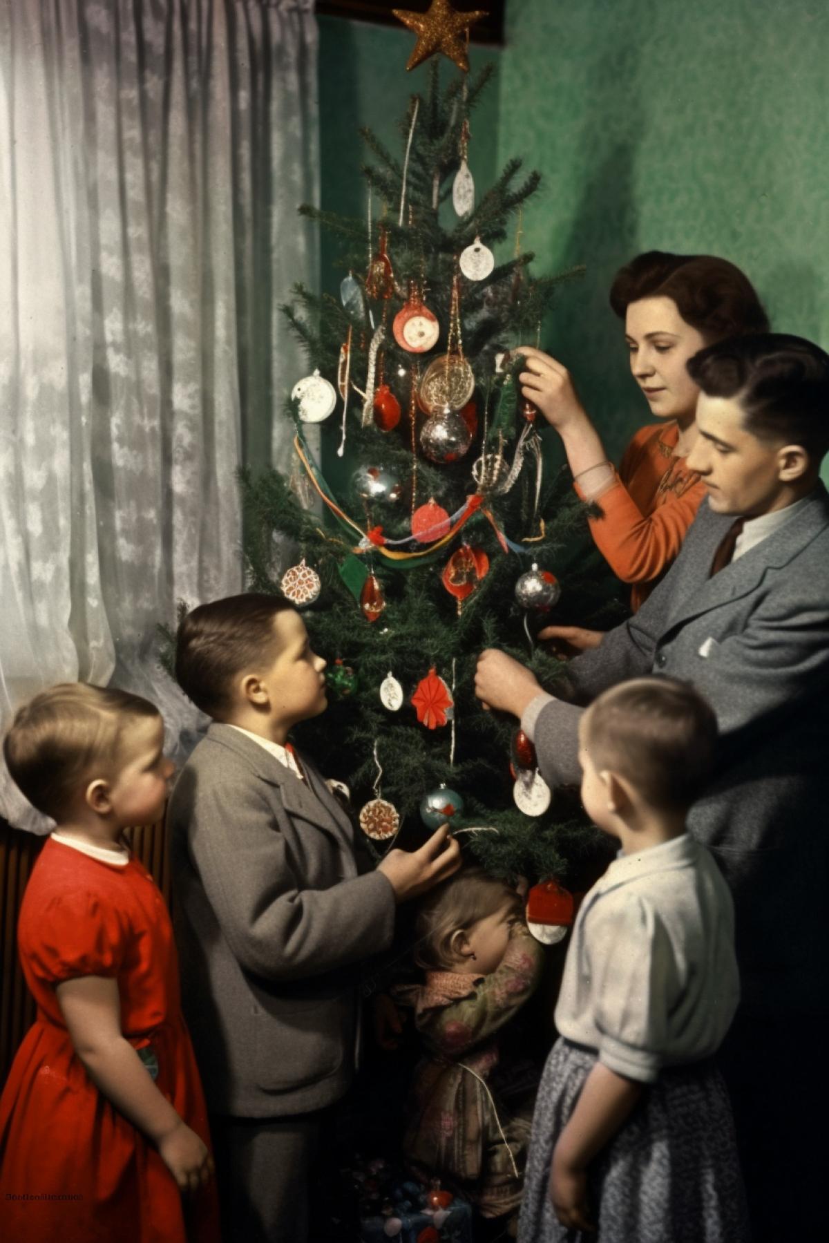 A large friendly family during the Soviet Union decorates the Christmas tree