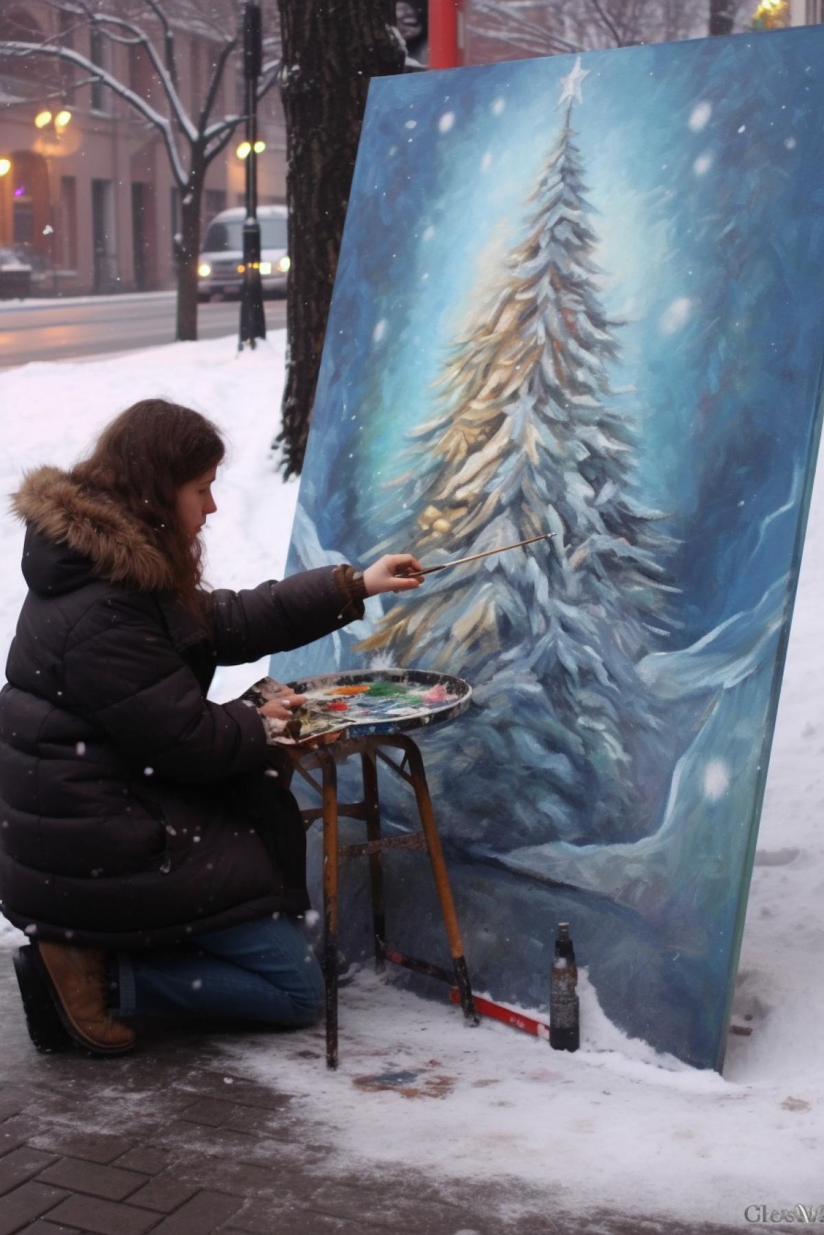 A man on the street cuts out an icy figure of a Christmas tree, and a girl paints it with paints.