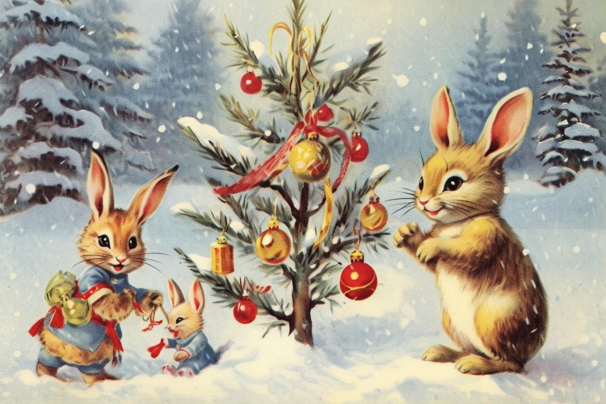 Soviet New Years card with the image of a stylized kitten, bunny and squirrel, which decorate the New Year tree with Christmas tree toys and tinsel, snowy background, atmosphere of joy and celebration, bright pure colors
