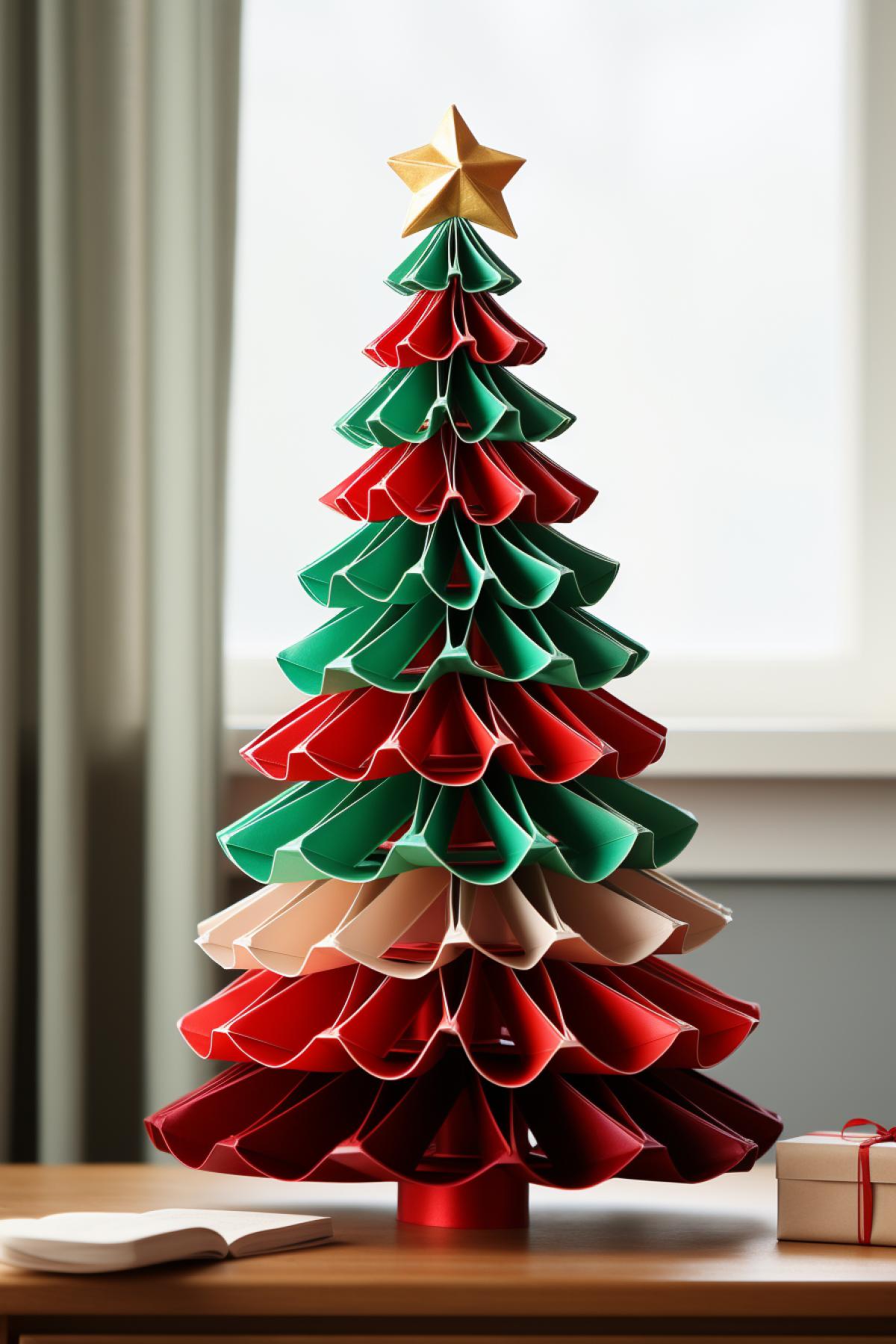 Christmas tree in Quantum Origami style, with Green and Red paper folds that exist in multiple states