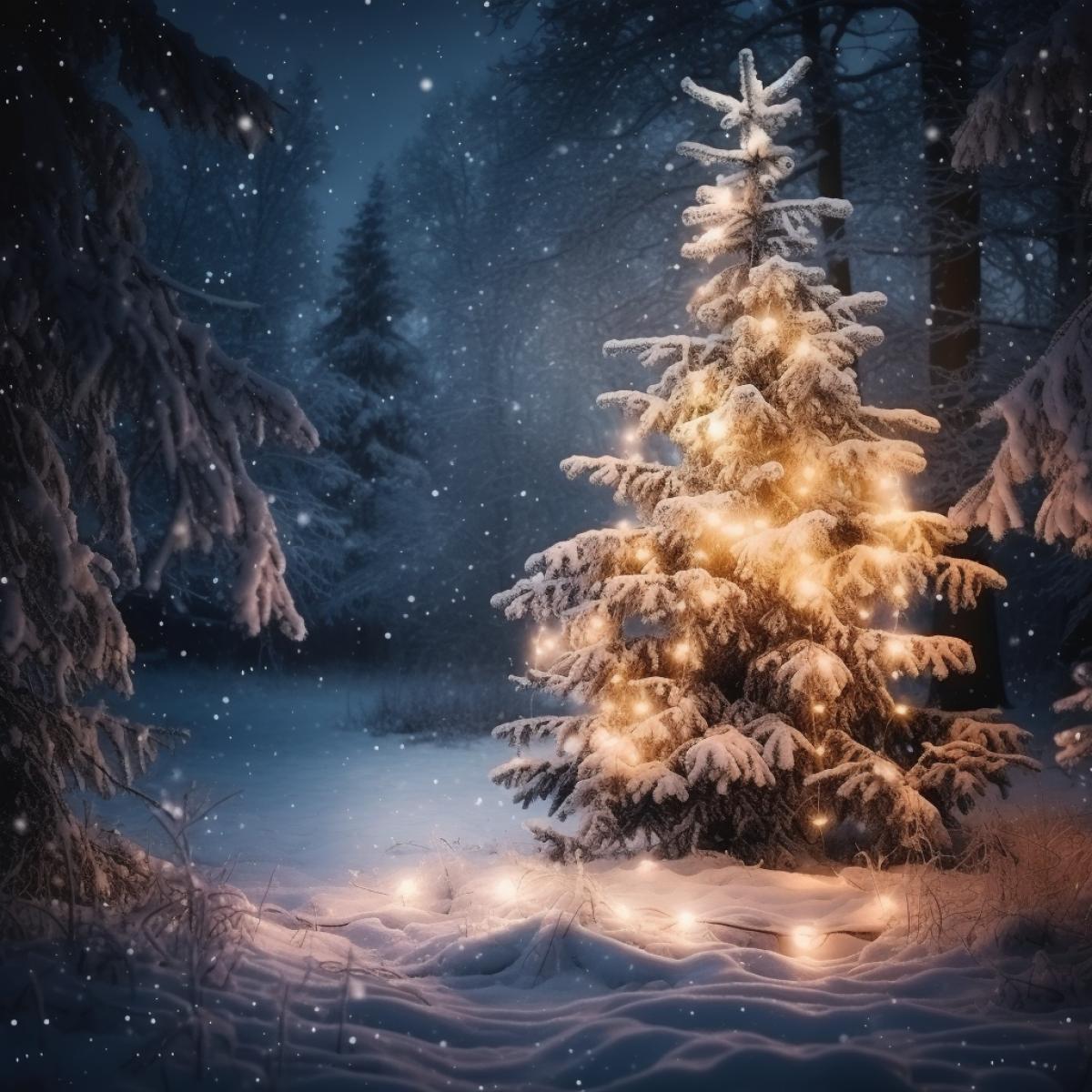 Christmas tree covered with snow in the forest, glowing garlands, snowfall, dusk, mysterious and solemn atmosphere, professional photography, breathtaking