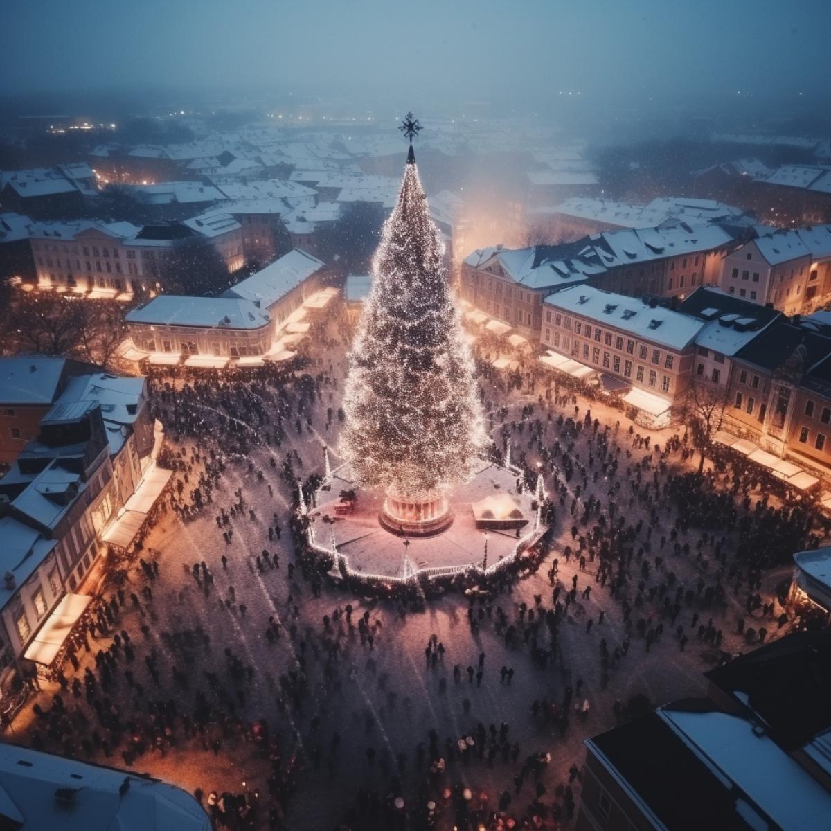 drone shot, a huge Christmas tree surrounded by a crowd in a town square, glowing garlands, snowfall, dusk, mysterious and solemn atmosphere, professional photography, breathtaking