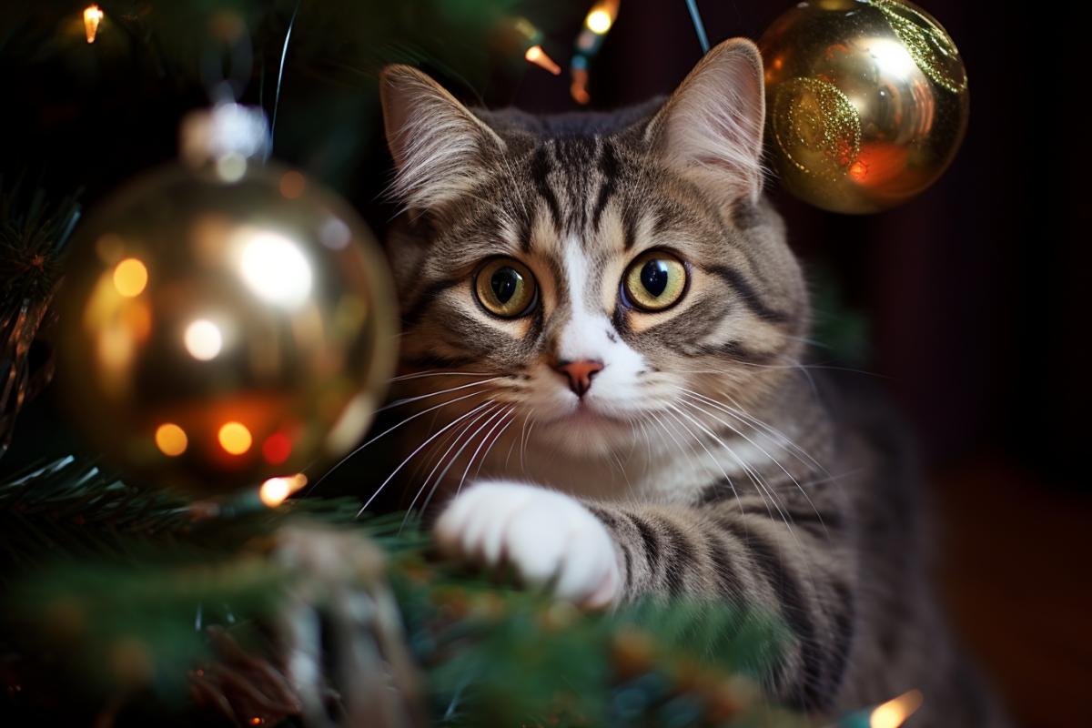 The cat dropped the Christmas tree, photo