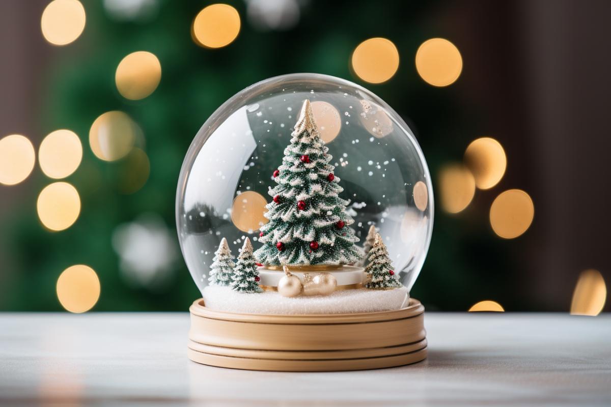 photograph of a snow globe with a detailed Christmas tree, set against a softly blurred Desktop background