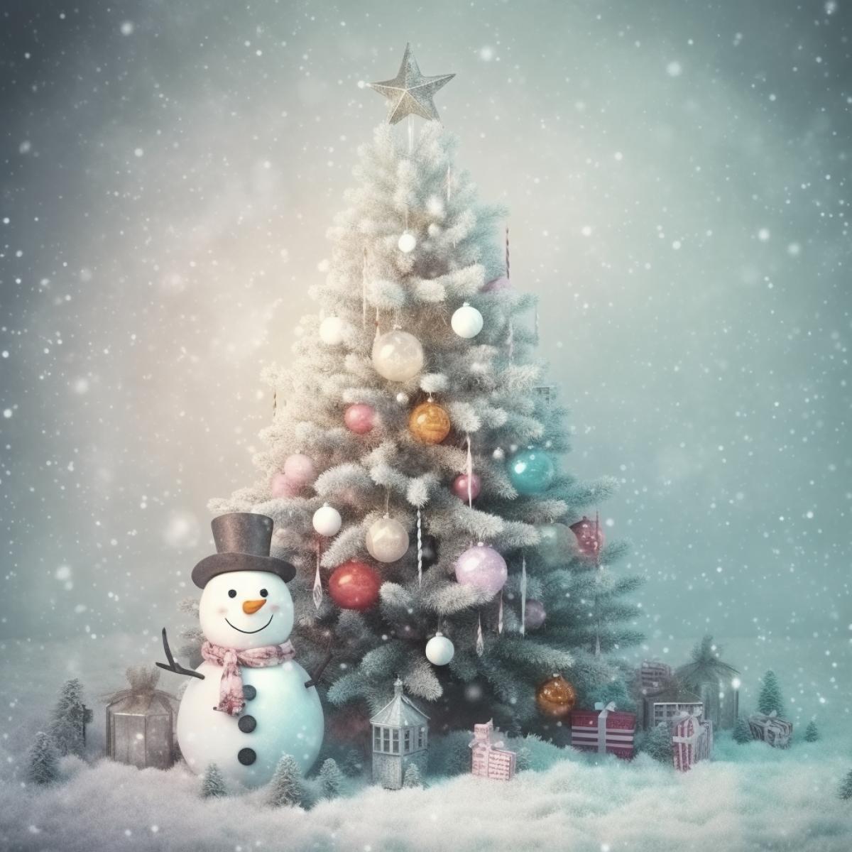 Decorated Christmas tree in the forest, snowman, snowflakes, garland, tinsel, glitter