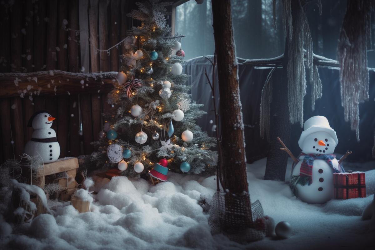 Decorated Christmas tree in the forest, snowman, snowflakes, garland, tinsel, glitter, photography