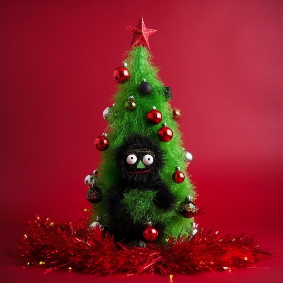 Green Christmas tree with dark balls on a red background, decorated with a cute alien, garland, tinsel, glitter, decorations