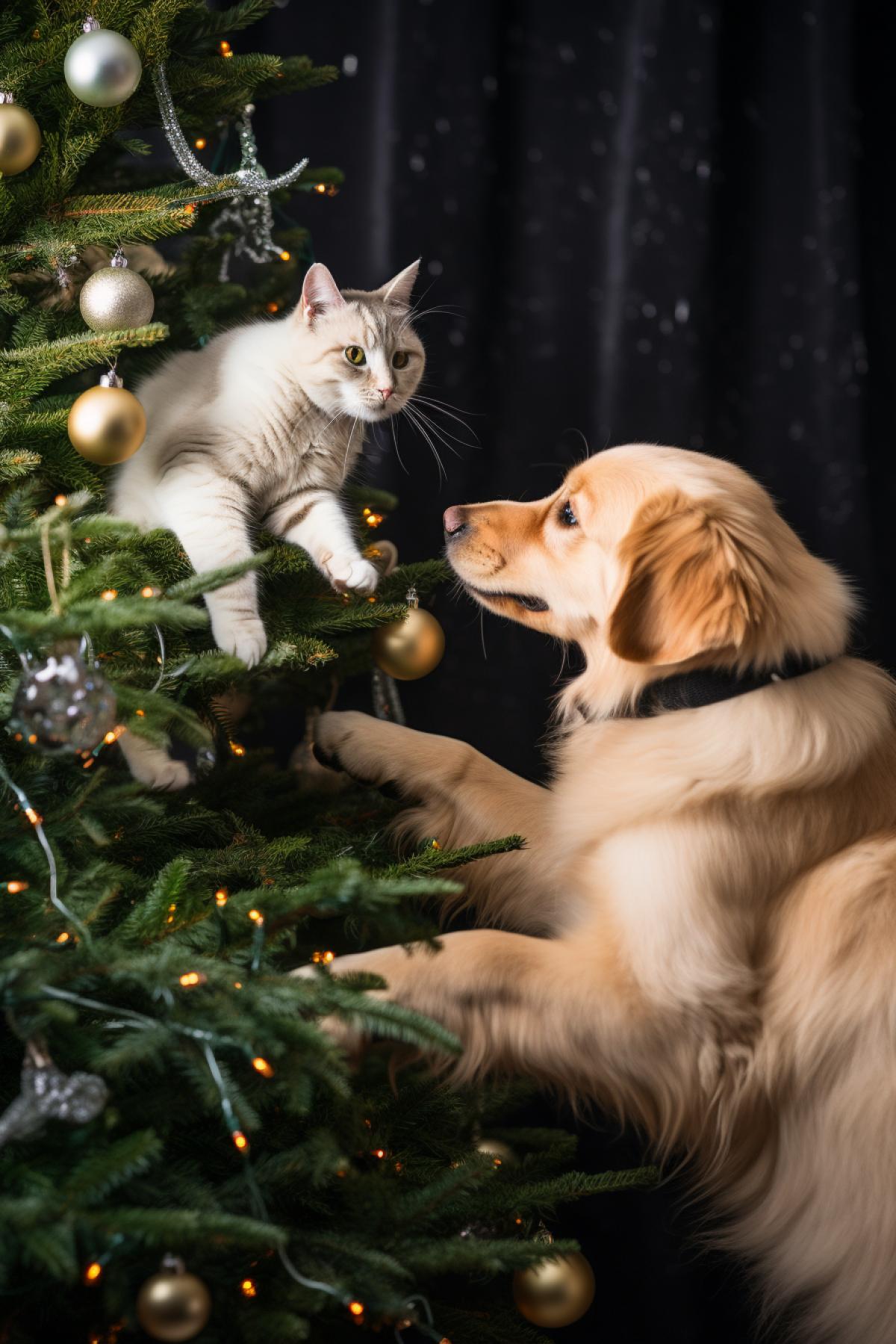 Cat and dog destroying and breaking a Christmas tree, dynamic , funny, photorealistic