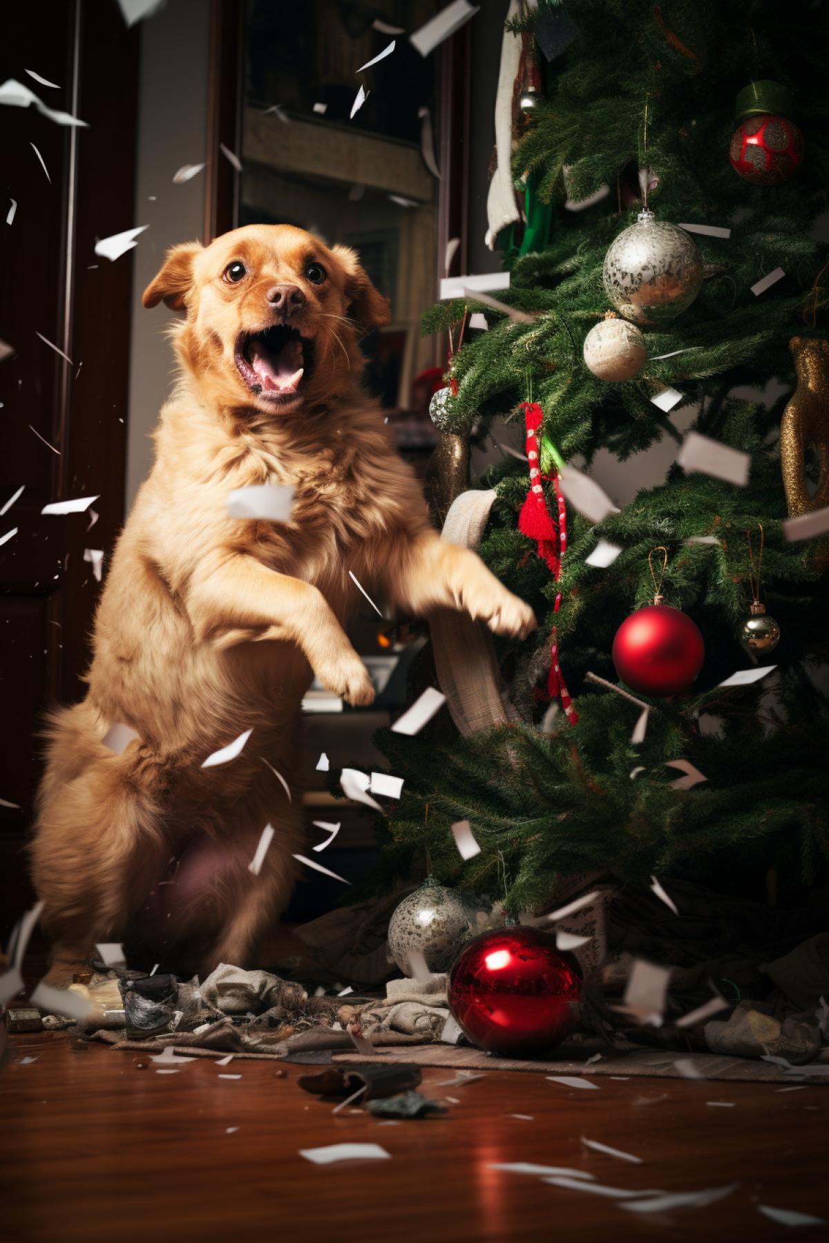 Cat and dog destroying and breaking a Christmas tree, dynamic , funny, photorealistic