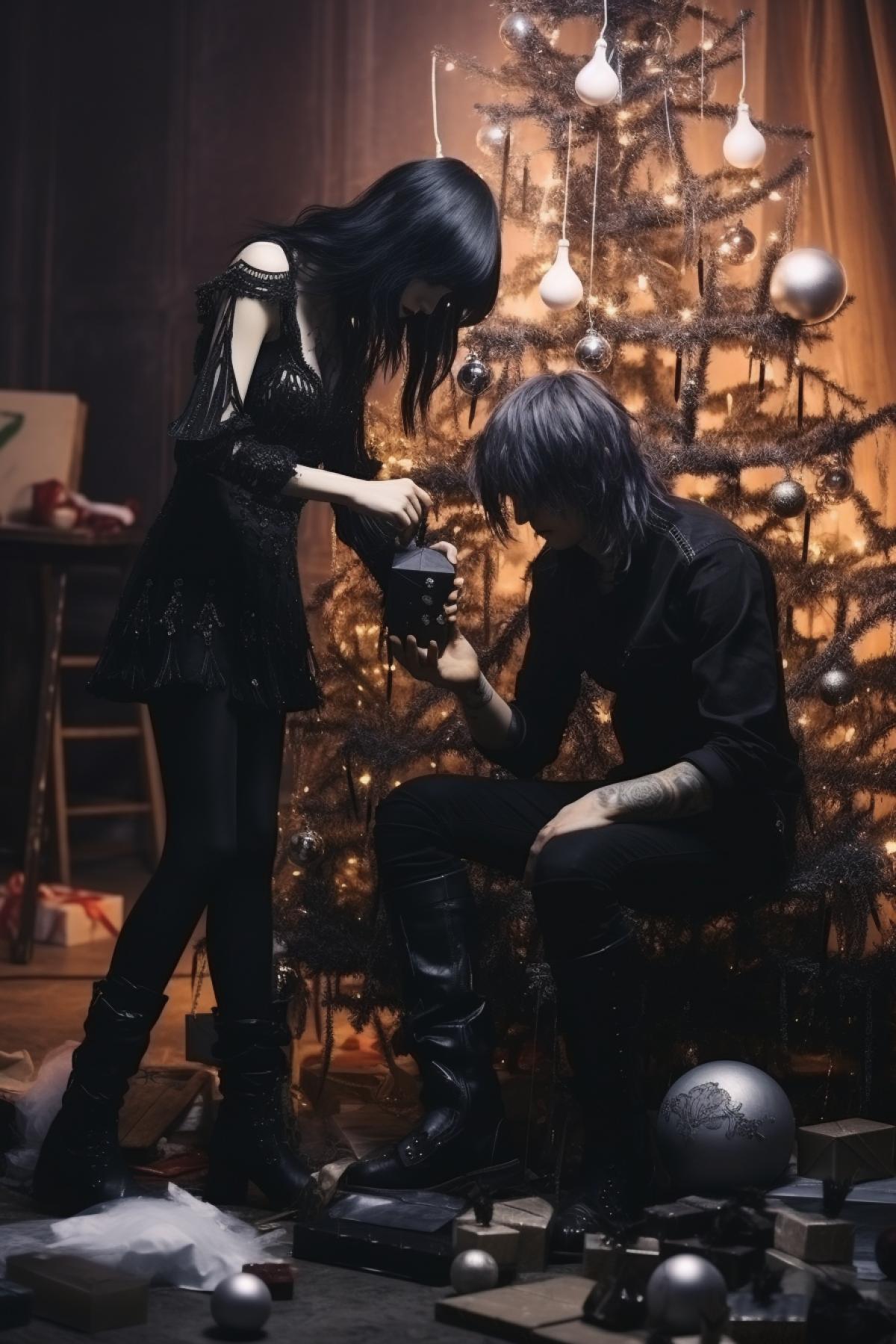 Two goths are decorating the Christmas tree, atmospheric, romantic, satanic, gothic, photorealistic