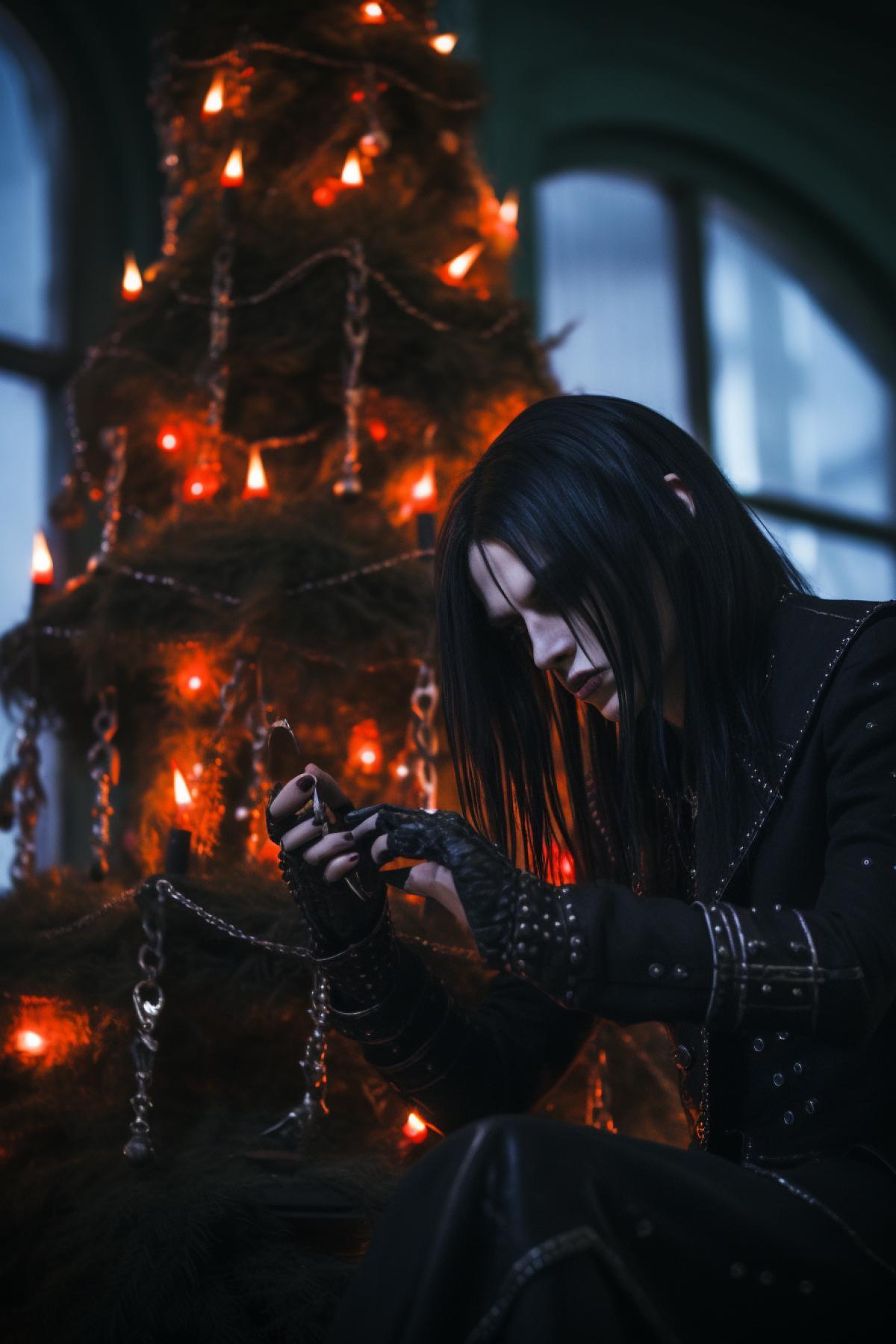 Two goths are decorating the Christmas tree, atmospheric, romantic, satanic, gothic, photorealistic