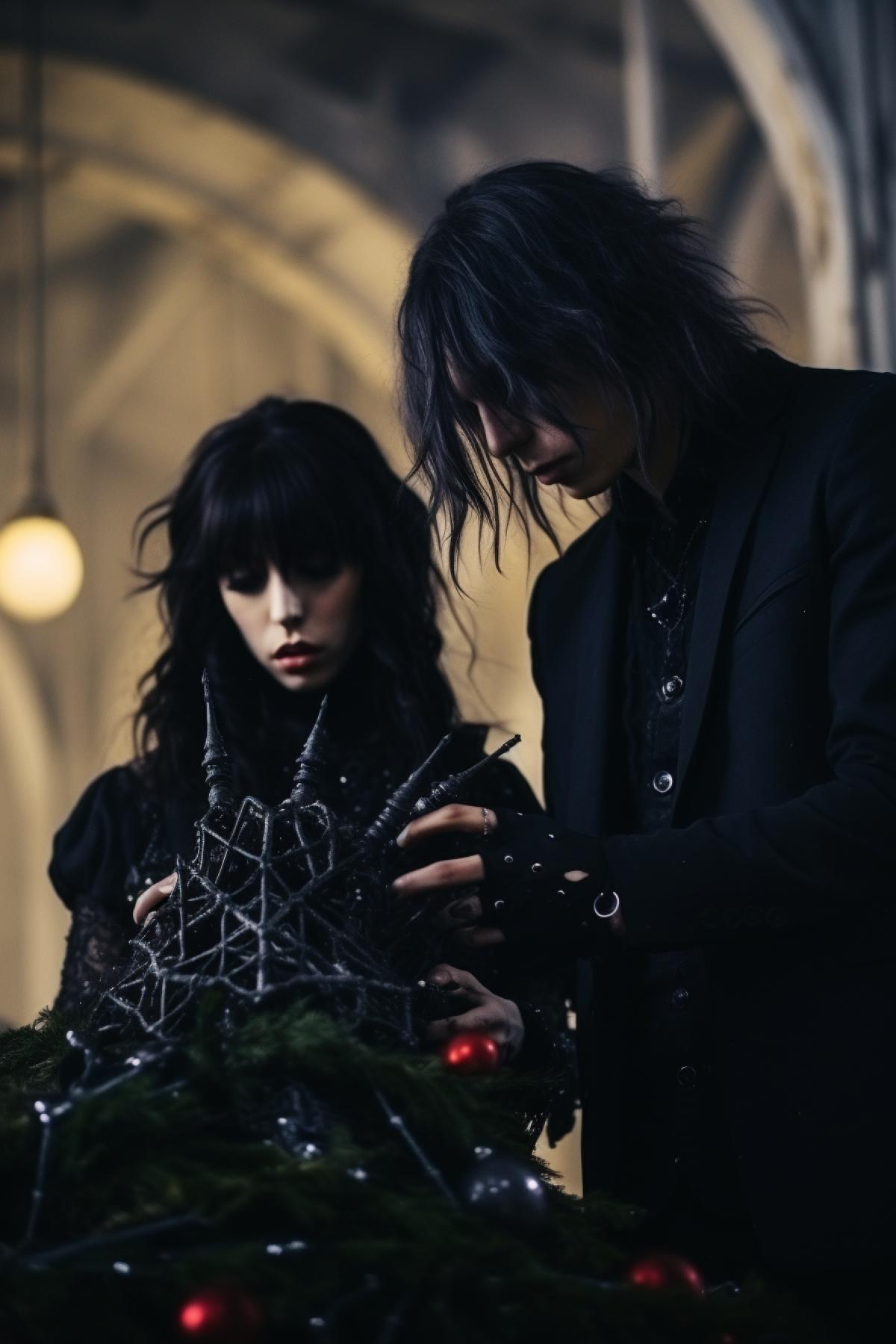 Two goths are decorating the Christmas tree, atmospheric, romantic, satanic, gothic, photorealistic