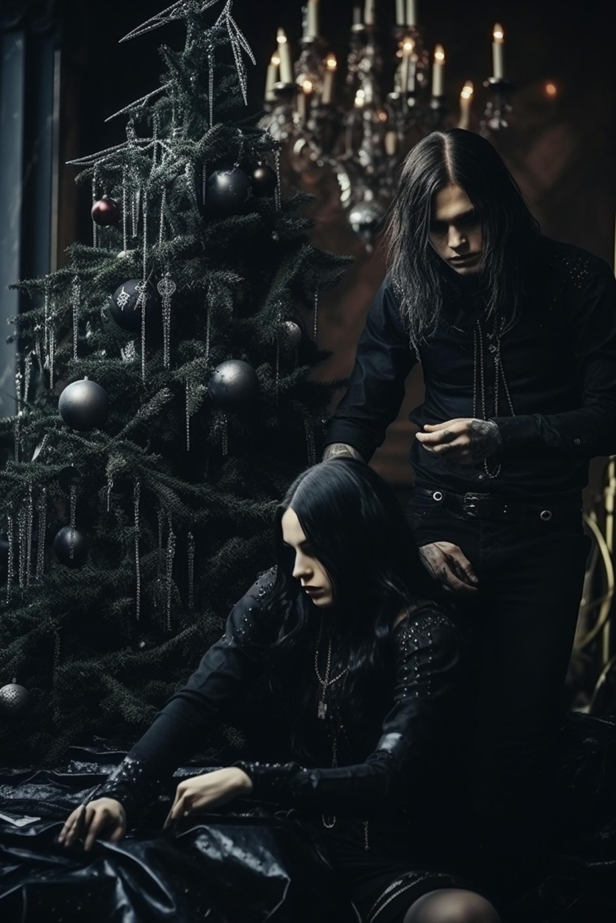Two goths are decorating the Christmas tree, atmospheric, romantic, satanic, gothic, photorealistic