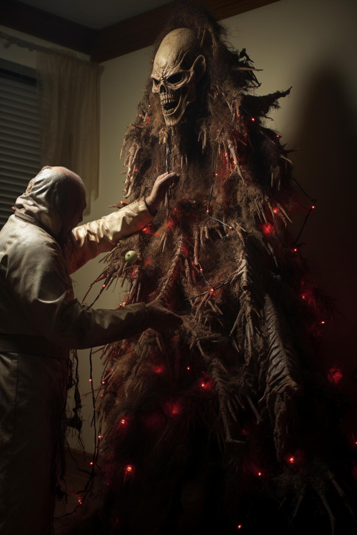 A maniac decorates a creepy Christmas tree in his lair, horror, thriller, photorealistic