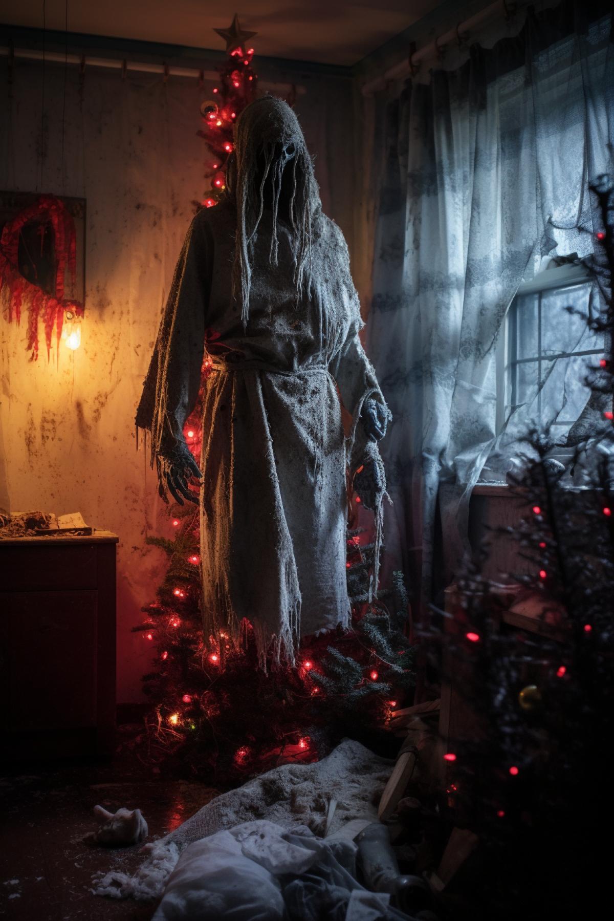 A maniac decorates a creepy Christmas tree in his lair, horror, thriller, photorealistic