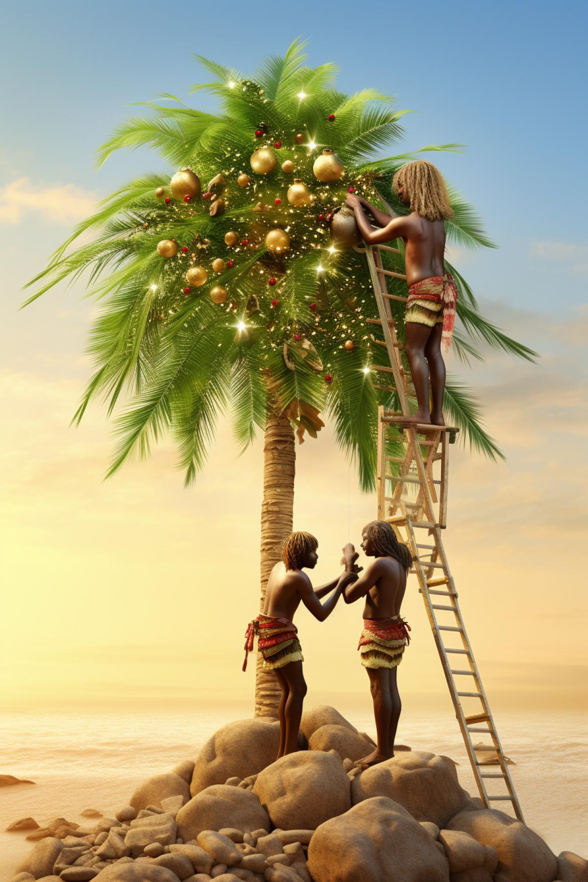 Wild Aborigines in Africa decorating a big palm tree with Christmas jewelleries and tinsels, photorealistic