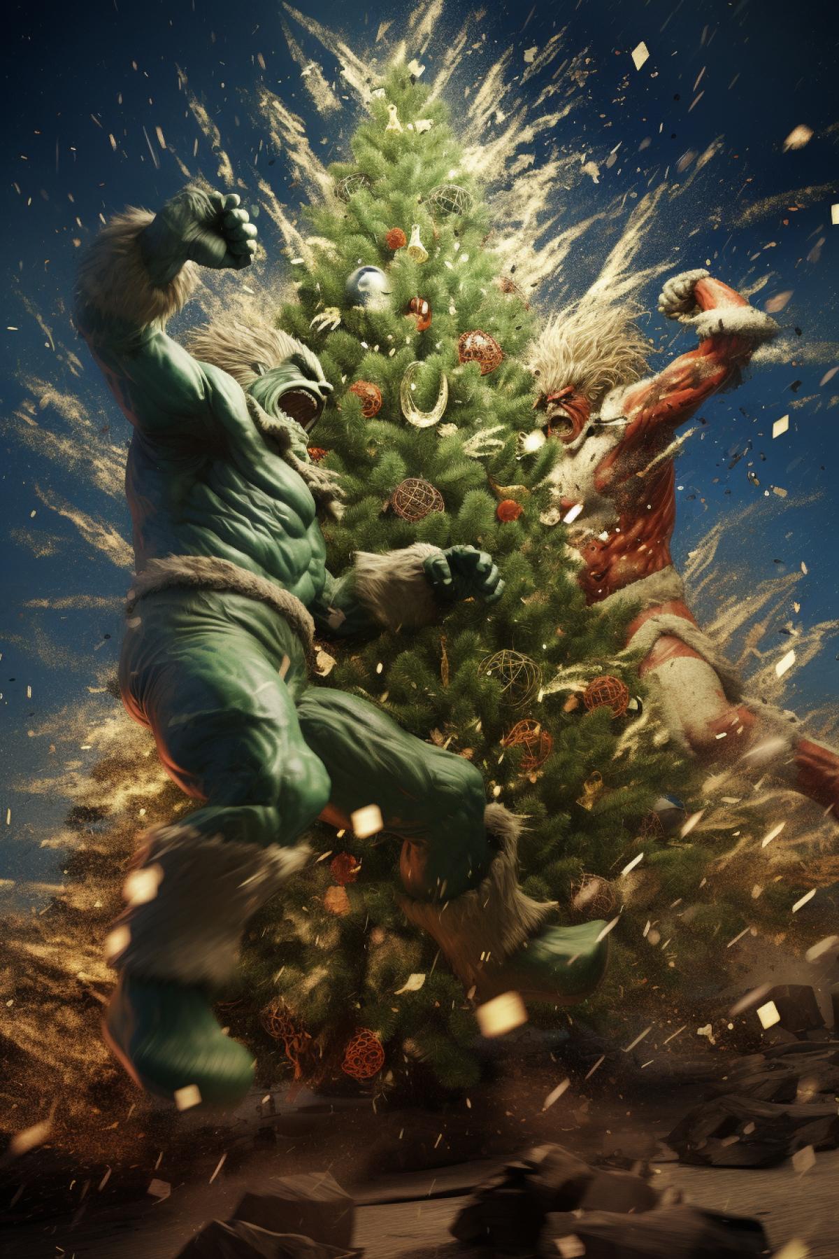 Christmas trees fighting, epic, photorealism