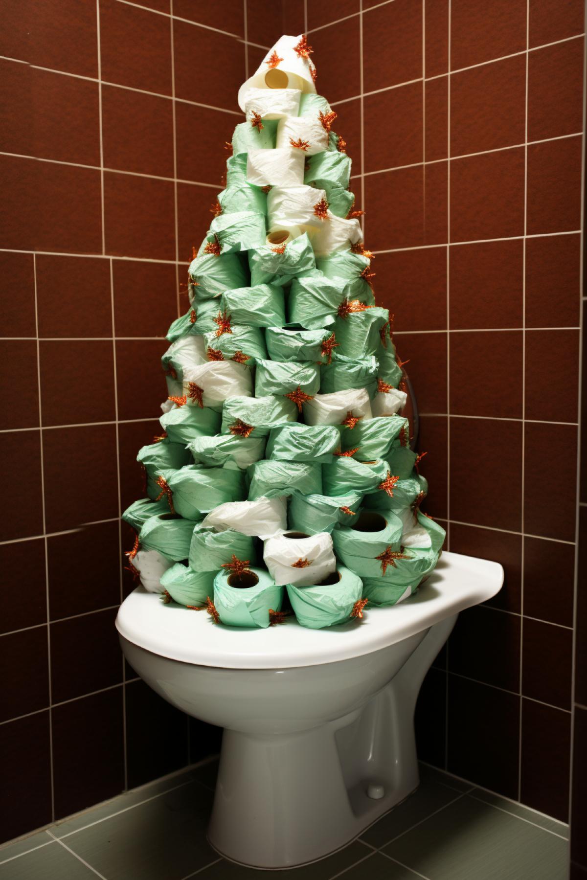 Christmas tree in the toilet decorated with toilet paper, photorealistic