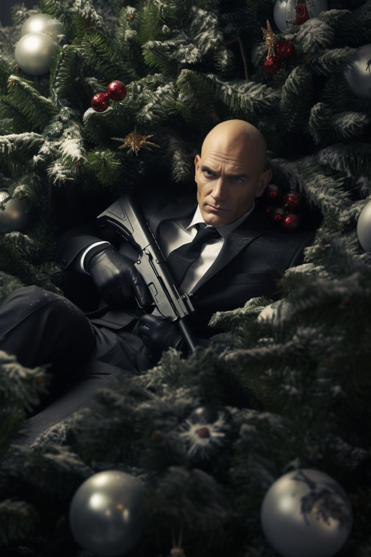 Hitman with a gun hiding in the Christmas tree, photorealism
