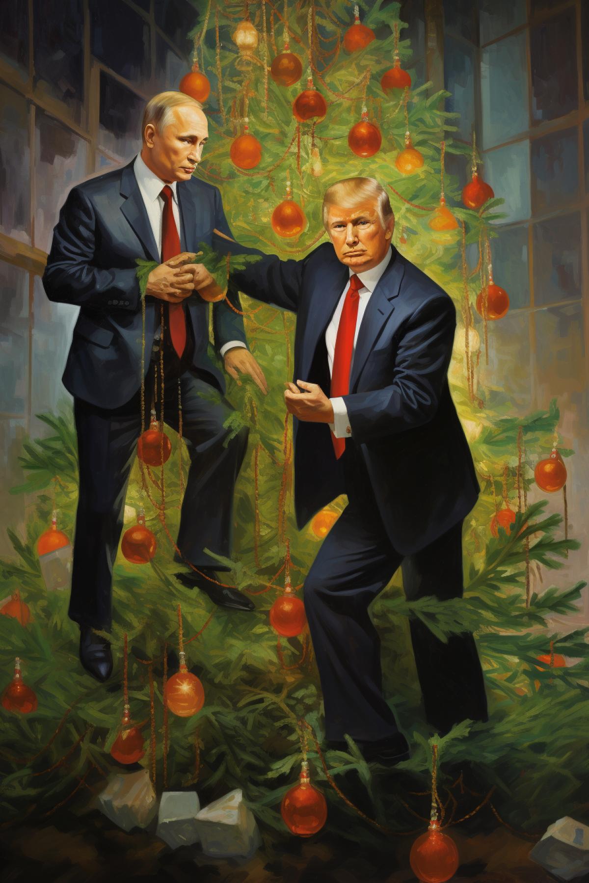 Putin and Trump decorate the New Year tree together, New Years mood, fairy tale atmosphere