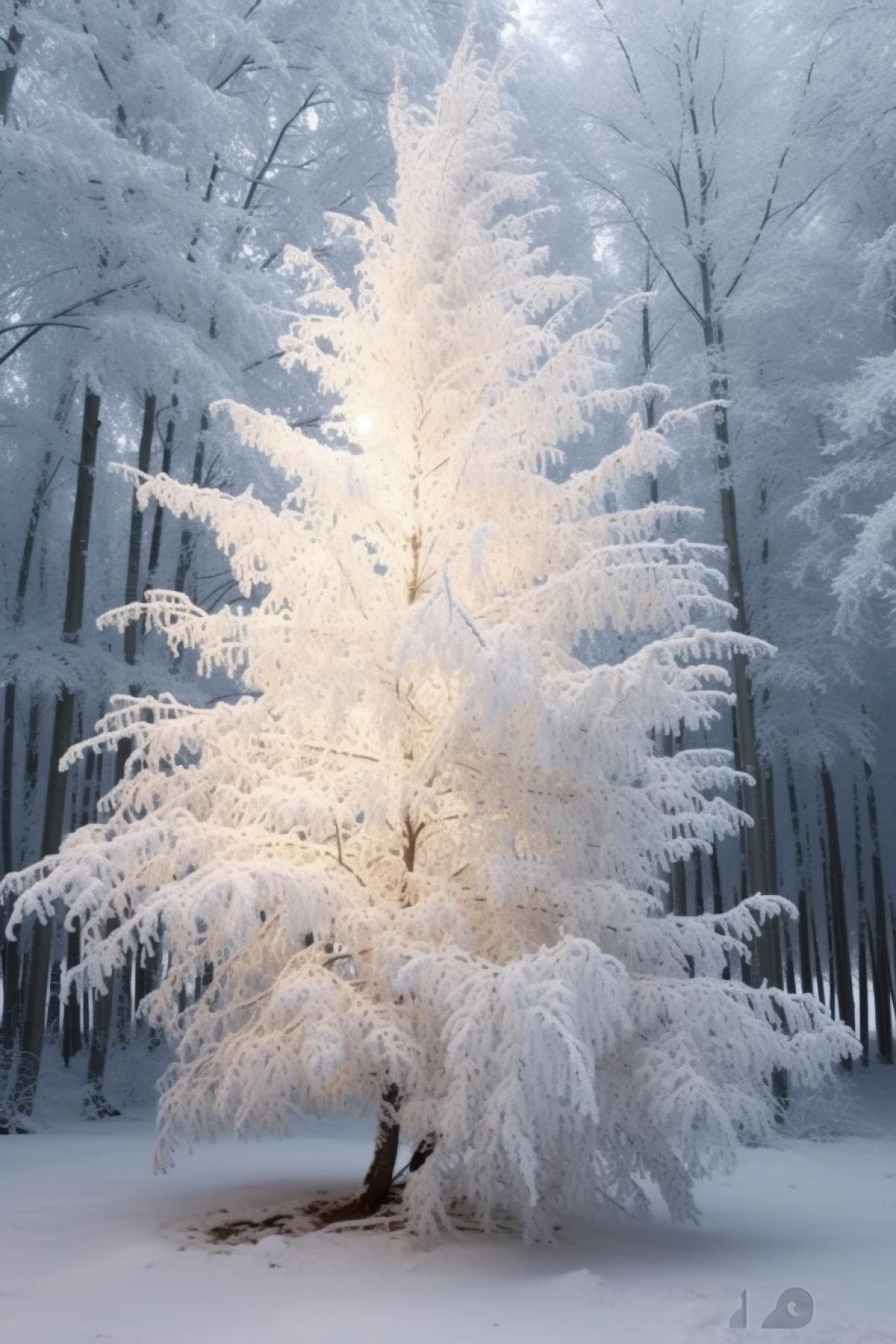 Beautiful, white Christmas tree in the forest