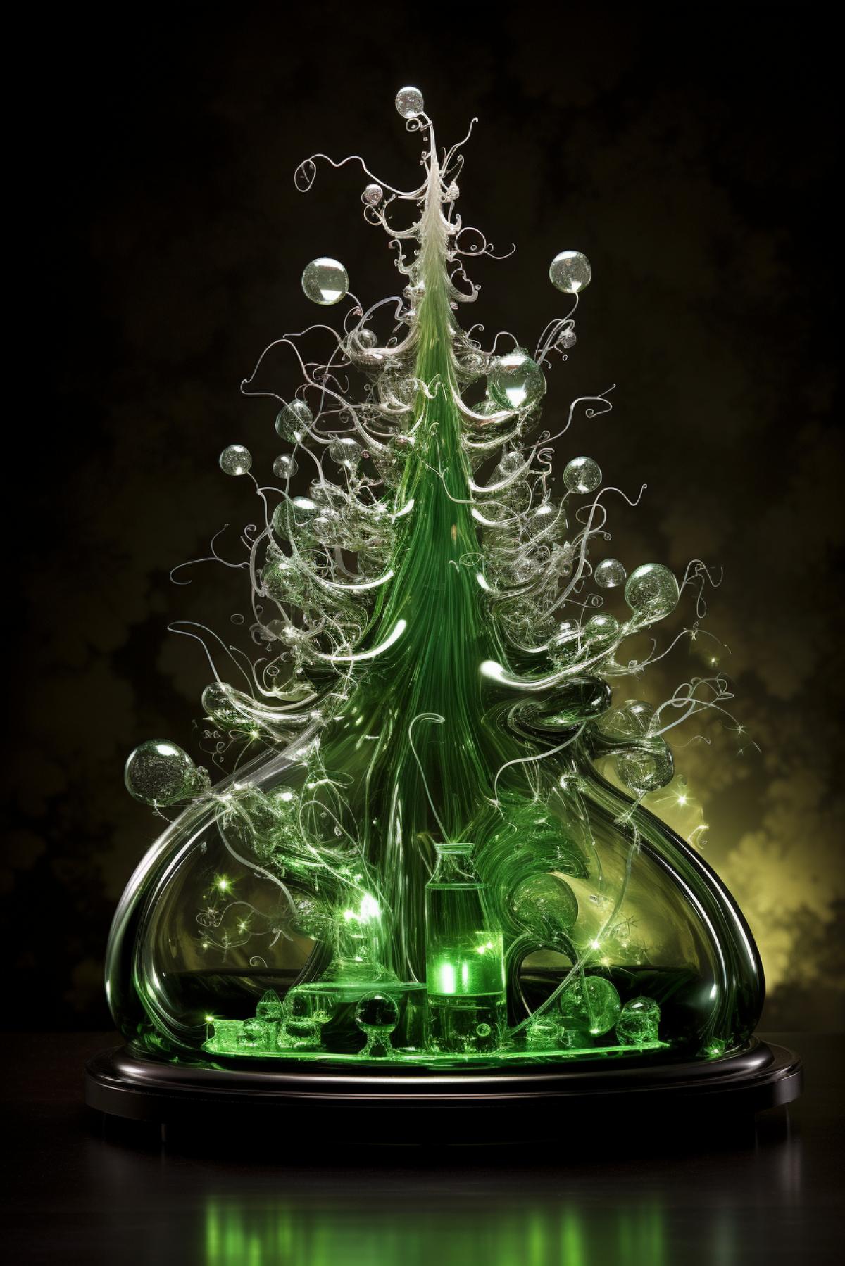 Cyber Christmas tree, bio modification, biotechnology, green flowing liquid, creepy, horror, atmospheric, terrible, photorealistic