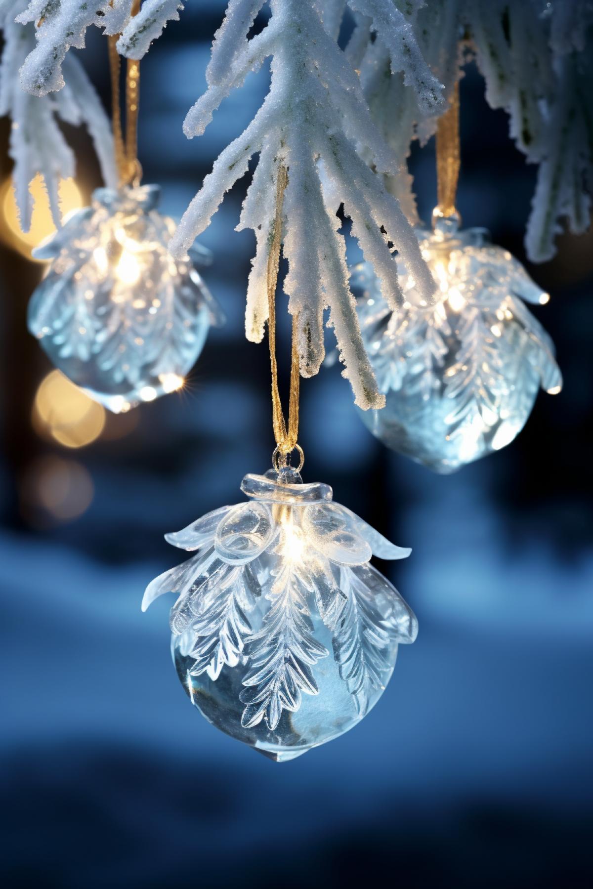 Frozen Christmas natural tree, Christmas decorations and jewellery, glowing ice, photorealistic, beautiful light, atmospheric