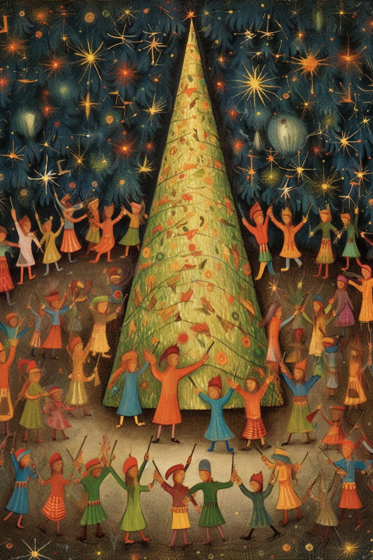 New Year trees humanization lead a round dance