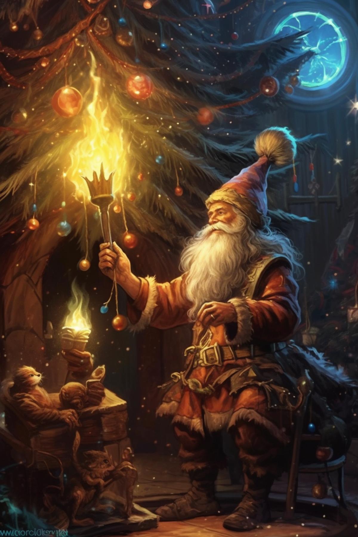 The sorcerer decorates the Christmas tree for the New Year with the help of magic pranopunk magicpunk