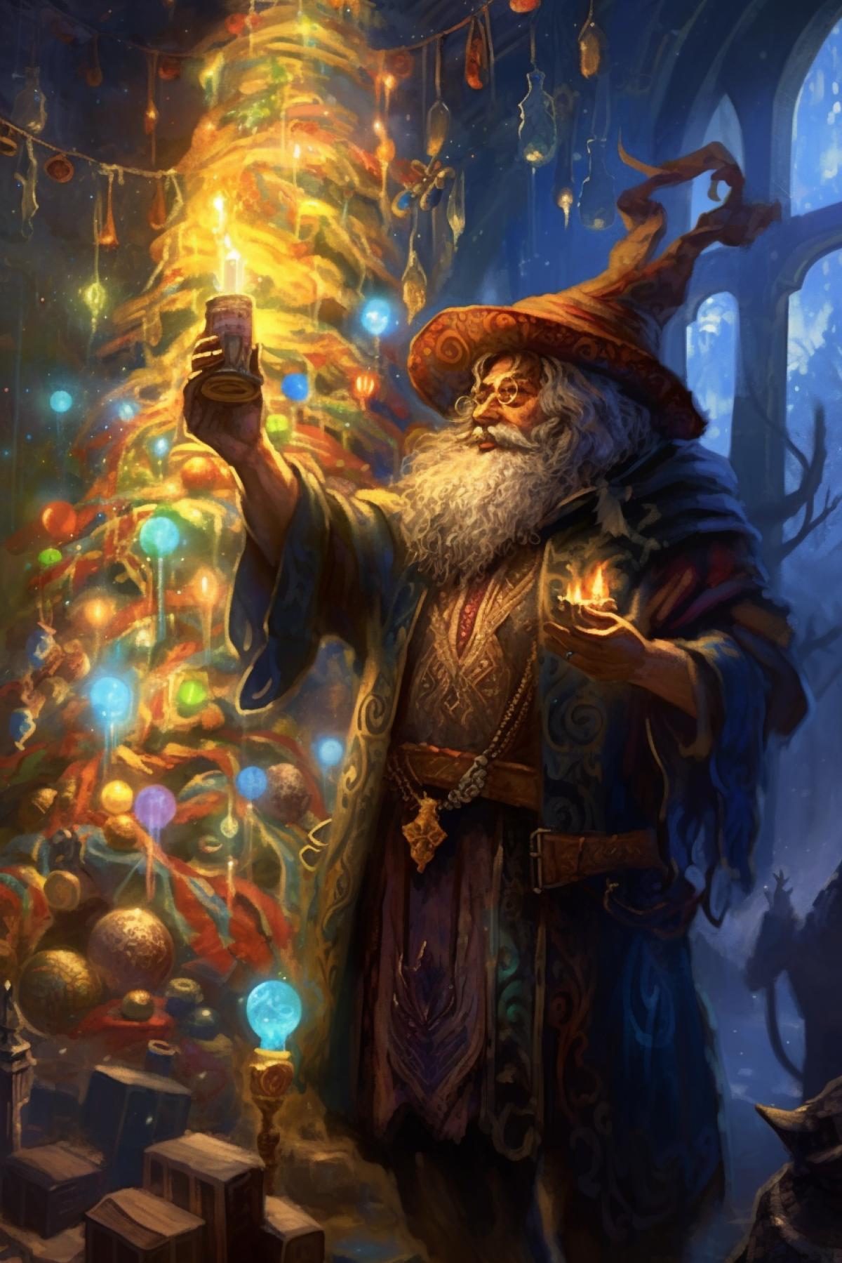 The sorcerer decorates the Christmas tree for the New Year with the help of magic pranopunk magicpunk