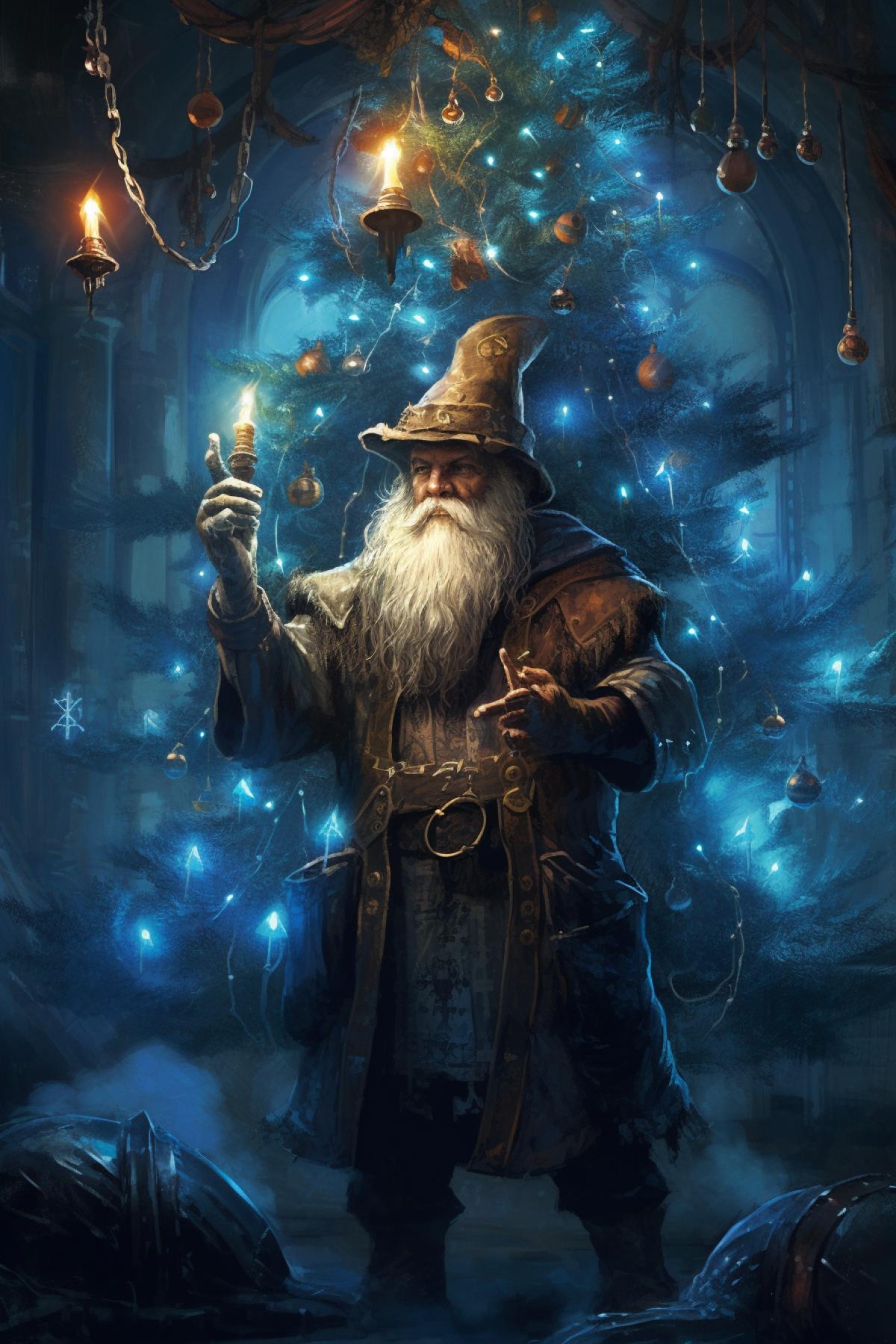 The sorcerer decorates the Christmas tree for the New Year with the help of magic pranopunk magicpunk