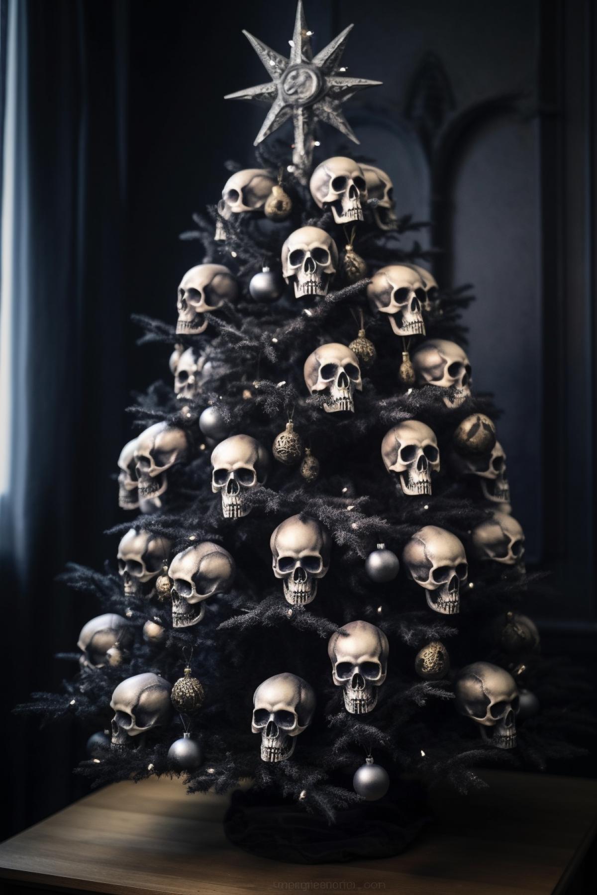 Gothic Christmas tree decorated with skulls, Gothic style