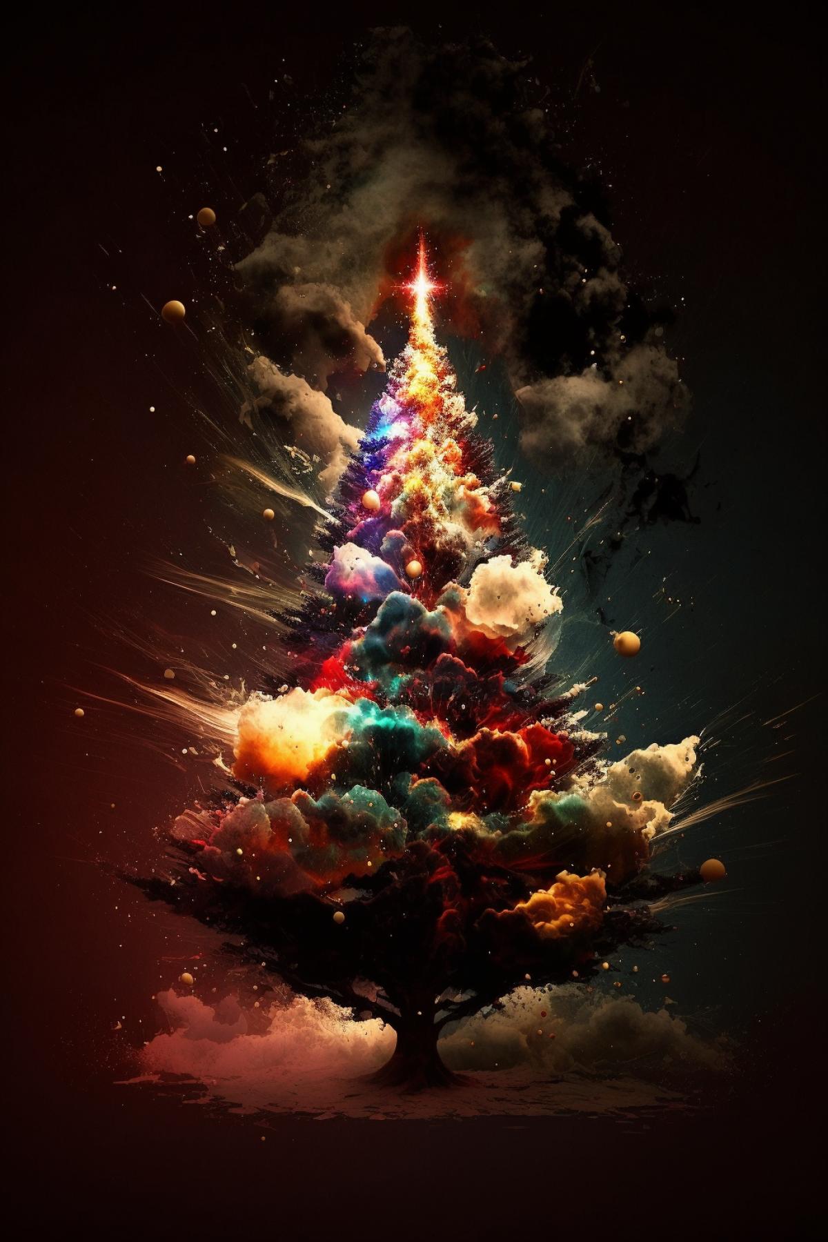 Exploding fantastically decorated Xmas tree happiness fest mood