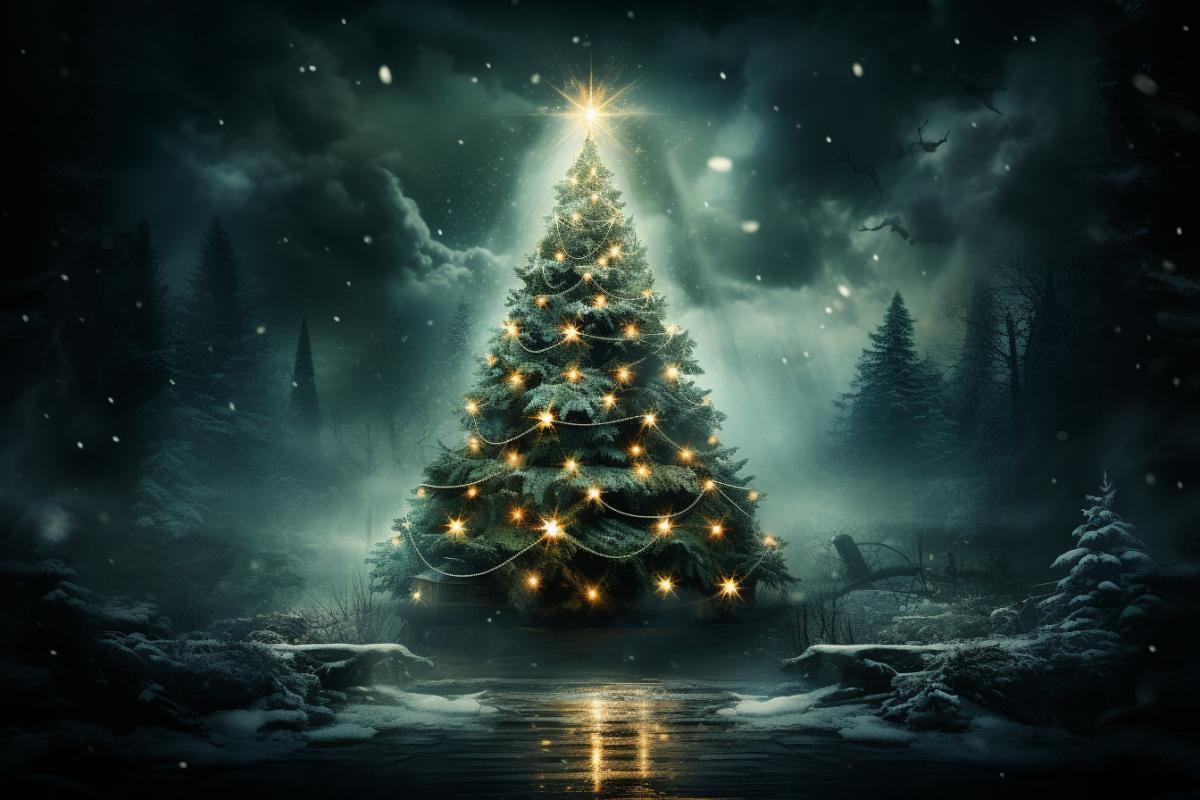 photography with a super-powerful telescope, open deep space, star systems and galaxies, in the center of the frame there is a very beautiful nebula in the form of a shining Christmas tree