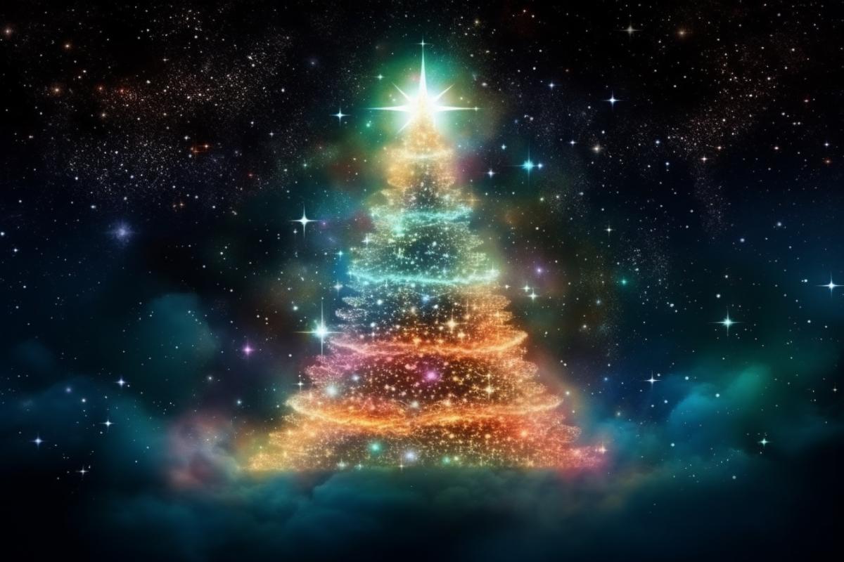 glowing nebula in the shape of a festive Christmas tree, against a dark background, space, stars and galaxies