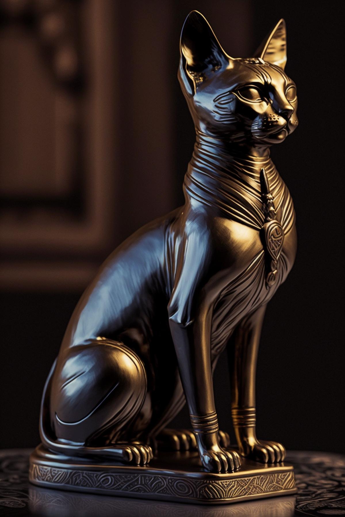 Ancient Egyptian bald cat dark polished sculpture in Pharaohs palace golden interior shine gloss
