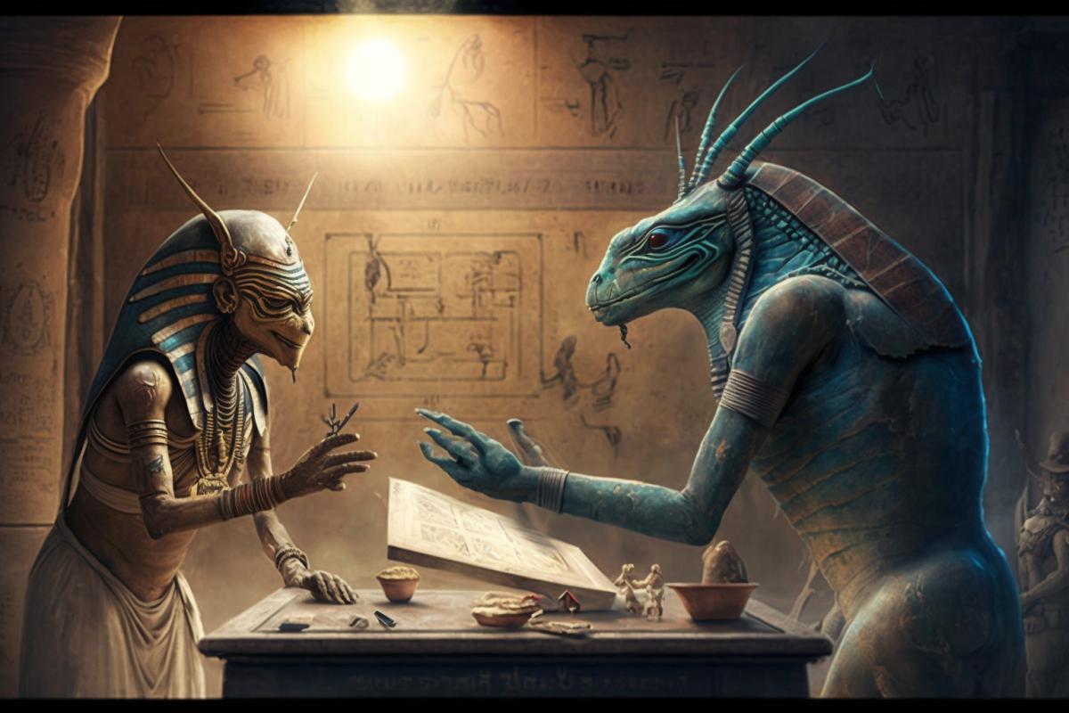 Ancient Egyptian fresco picturing the Pharaoh greeting xenomorph extraterrestrials and signing the project of Pyramids hieroglyphs