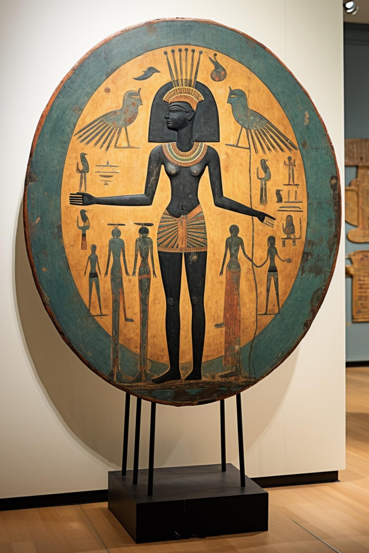 Egyptian fresco on a stand in a museum depicting the sun god Yara