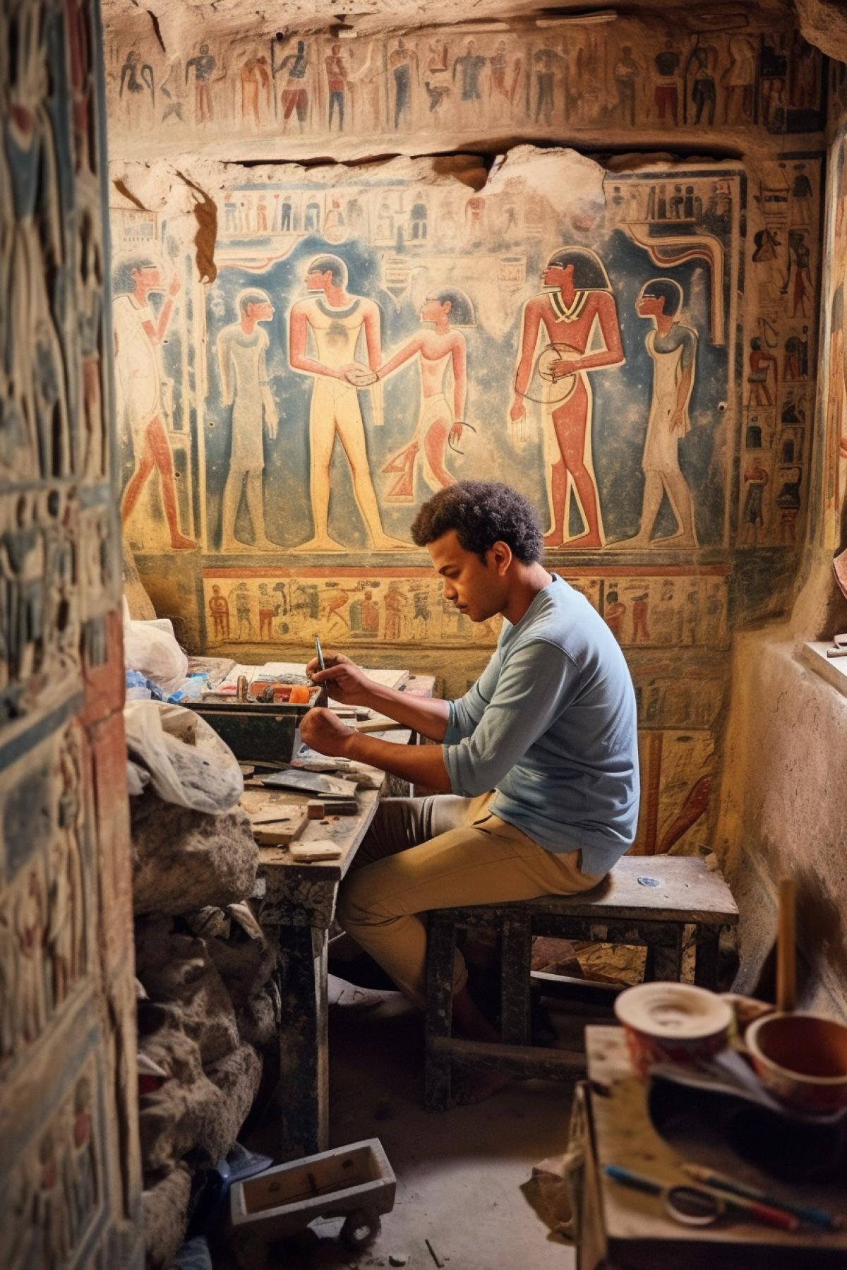 Young Egyptian man sitting and painting a fresco