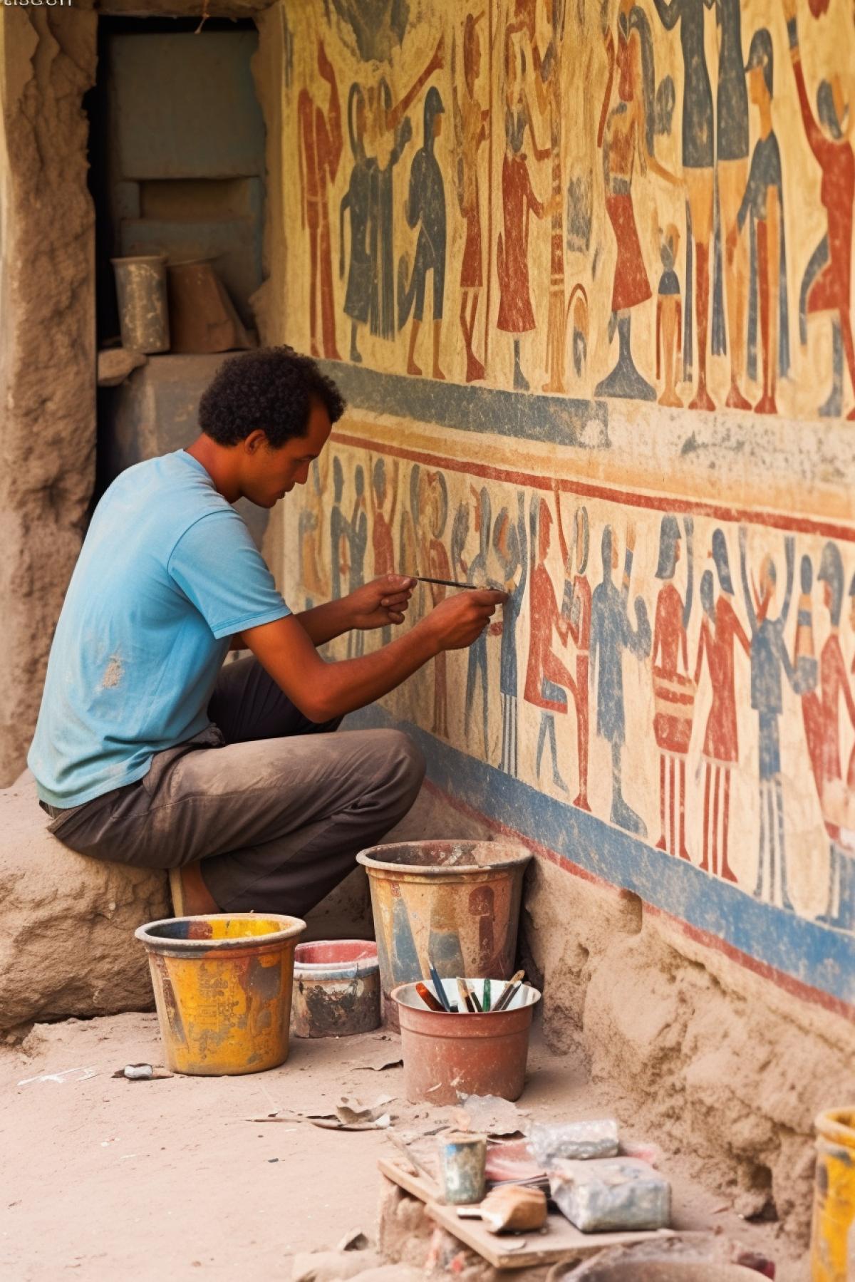 Young Egyptian man sitting and painting a fresco