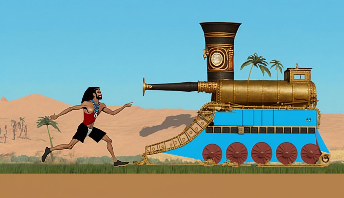 a running man tries to catch up with a steam locomotive, side view in the style of an Egyptian fresco