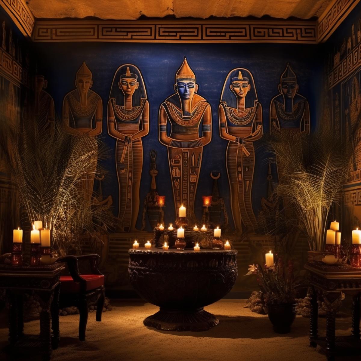Immerse in the mystique of ancient Egypt with a fresco capturing the regal splendor of pharaohs and gods. Infuse golds and deep blues, depicting divine figures against a grand pyramid backdrop, bathed in the warm glow of eternal sunlight.