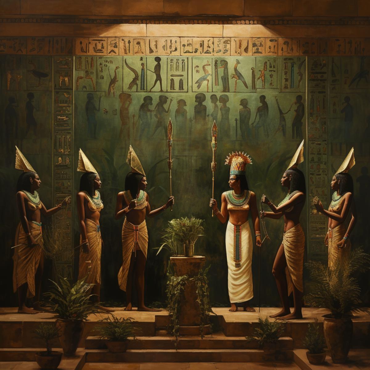 Unearth the solemnity of Egyptian rituals in a fresco capturing priests and priestesses. Utilize a subdued palette of ochres and greens, showcasing sacred ceremonies against the backdrop of hieroglyph-adorned temples, invoking a serene connection to the divine.