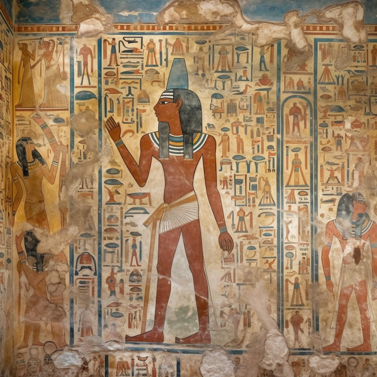 Egyptian frescoes, mountain god, rich colors