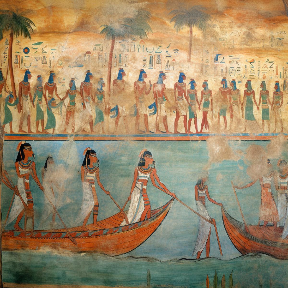 Egyptian frescoes, Nile River, rich colors
