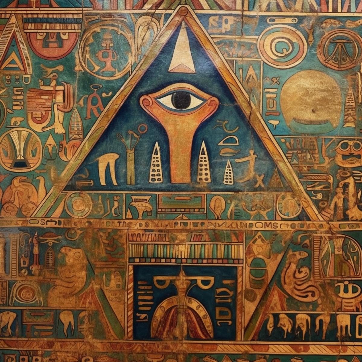 Egyptian frescoes, all-seeing eye, pyramids, rich colors