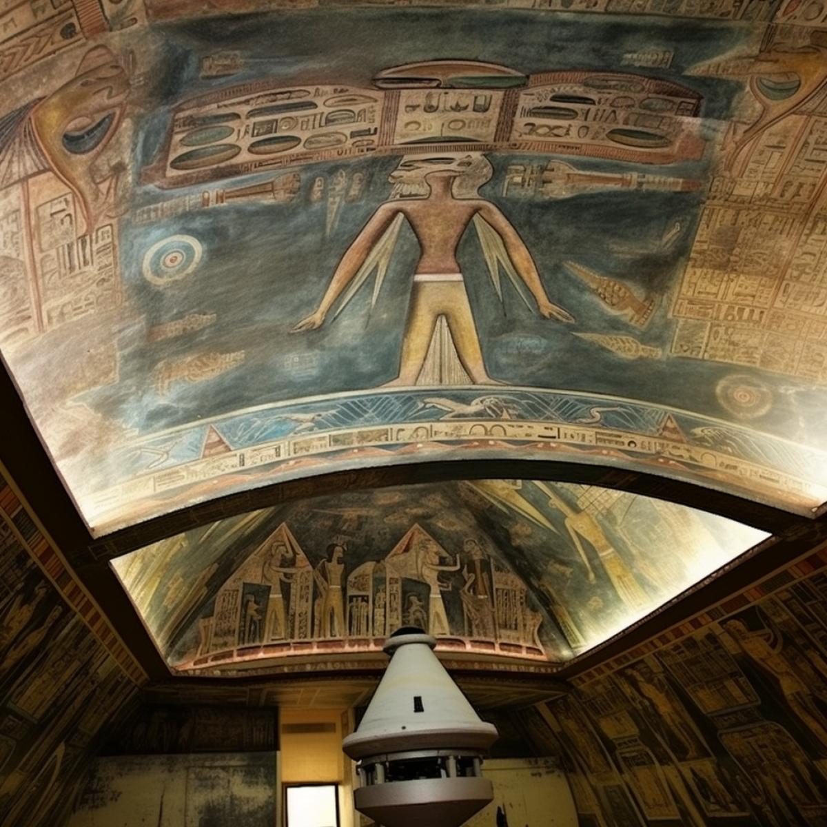 Egyptian frescoes, spaceship, pyramids