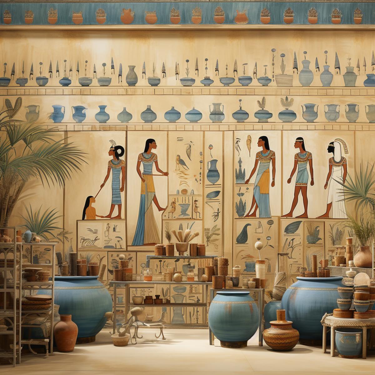 Infuse vitality into ancient walls with a fresco capturing ling market scenes directly inspired by Egyptian motifs. Employ warm ochres and vibrant blues, portraying merchants and locals trading goods beneath the watchful gaze of hieroglyphic-adorned walls.