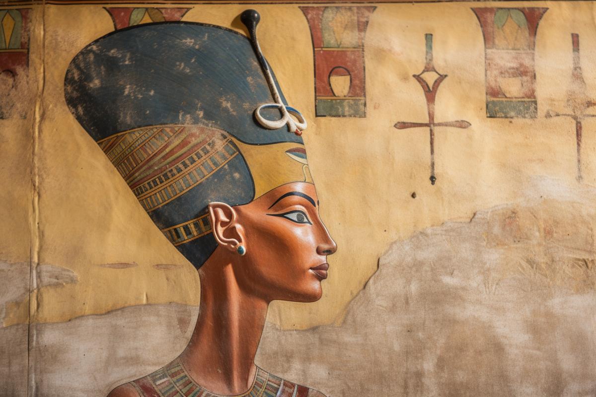 Queen Nefertiti against the backdrop of magnificent ancient Egyptian frescoes, unique frescoes