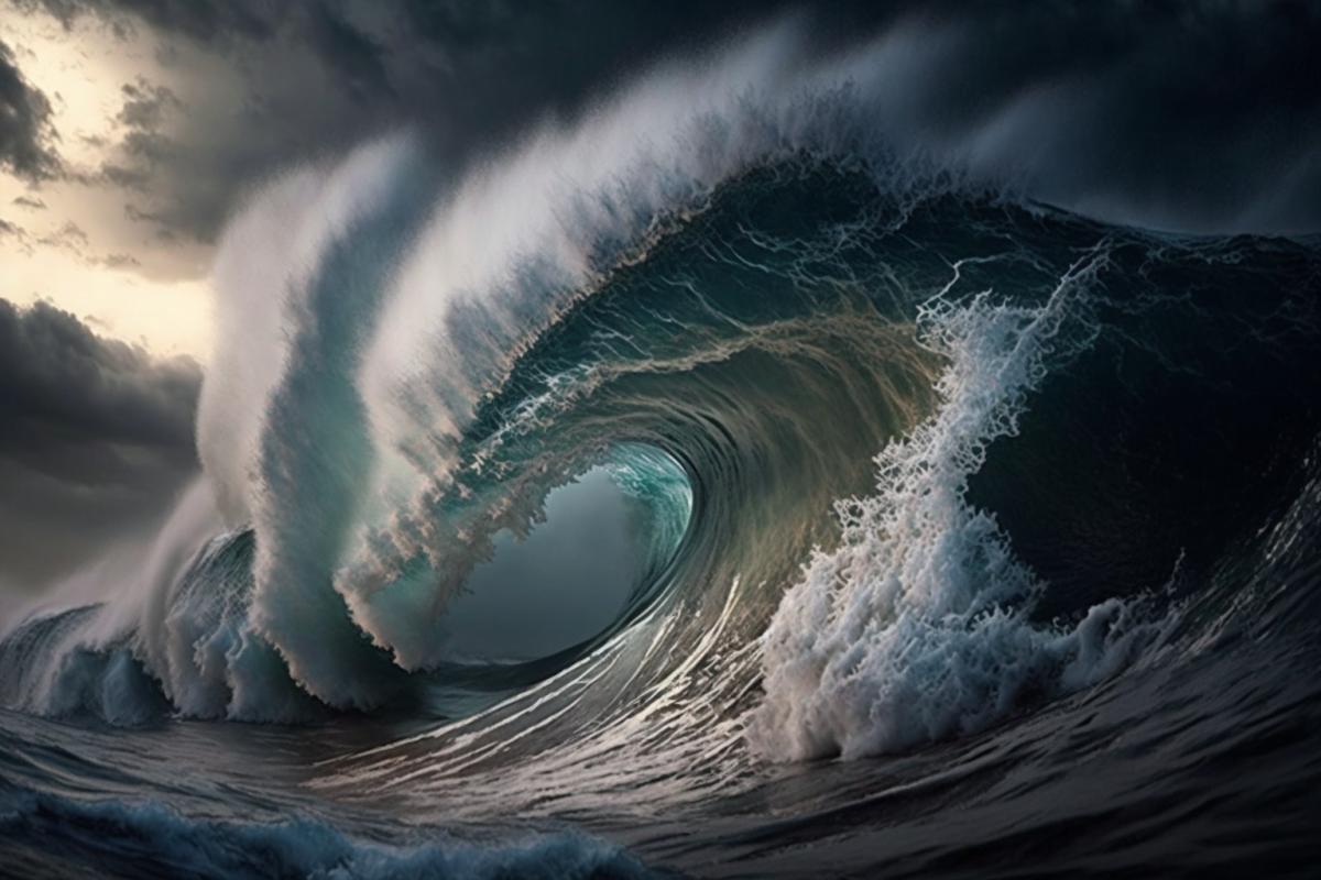 Enormous catastrophic ocean waves in the middle of hurricane epic frightening breathtaking photo